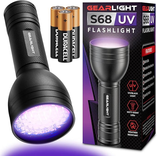 GearLight UV Flashlight with Batteries S68 Black Light - Portable, Handheld, 68 LED Blacklight Flashlights - Ultraviolet Lights for Pet Urine, Hotel Inspection and Bed Bug Detection