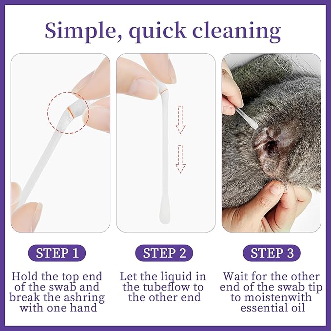 2-in-1 Pet Ear Cleaning Liquid Swabs - Cat & Dog Ear Cleaner Solution - Gentle & Effective Ear Care - for Daily Ear Cleaning Removes Wax, Dirt, & Odor