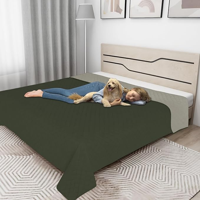 Easy-Going 100% Waterproof Dog Bed Cover Reversible Leak Proof Couch Cover Washable Sofa Cover Furniture Protector Blanket for Pets Kids Children Dog Cat (82x86 Inch, Army Green/Beige)