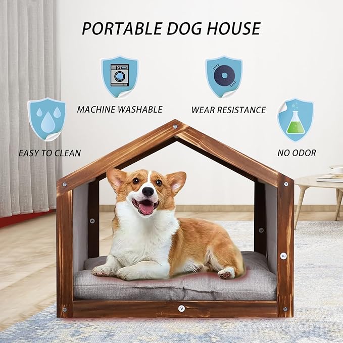 Dog House with Wooden Frame for Small Dogs or Cats Pet House with Fabric Cushion for Indoor (Grey)