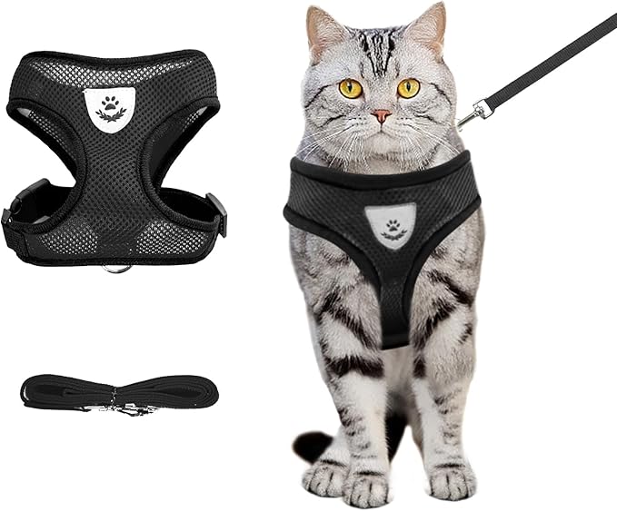 Summer cat Chest Harness and Leash, Anti-Escape Adjustable Soft mesh cat Leash and Chest Harness Set for All Types of Cats cat Vests (Size M,Black)