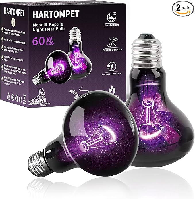 60W Reptile Night Light Bulb, UVA Heat Lamp - Simulate Natural Moonlight, Purple Basking Lamp for Bearded Dragon, Lizard, Snake, Chameleon, Turtle, and Amphibians, Ideal for Aquariums Tanks