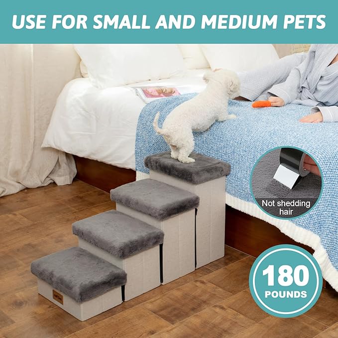 Dog Stairs for Bed with Storage 18" H, Small Dogs Foldable Ramp with Leakproof Fabric Cover, Cat Steps for Medium Bed, Couch and Sofa, Lightweight, Comfort, 33x13x17.71in, Grey, 4 Tiers