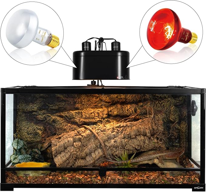 REPTIZOO Reptile Dual Lamp Fixture Heat Lamp Bulb Combo Pack includes 100W UVA Daylight Heating Lamp and 100W Infrared Heat Emitter Infrared Basking Spot