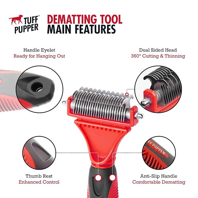 Tuff Pupper Dual Sided Dematting Comb | Convenient 12+23 Teeth Easily Removes Loose Fur Undercoat, Matting and Tangled Hair | Safe Comfortable Grooming Tool for Medium and Long Haired Cats Dogs Brush