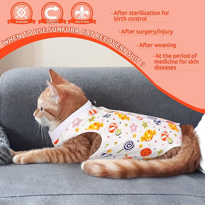 SUNFURA Cat Recovery Suit, Kitten Surgical Full Bodysuit for Abdominal Wound Protector Anti Licking After Surgery, Professional Bandages Cone E-Collar Alternative for Small Male & Female Pets