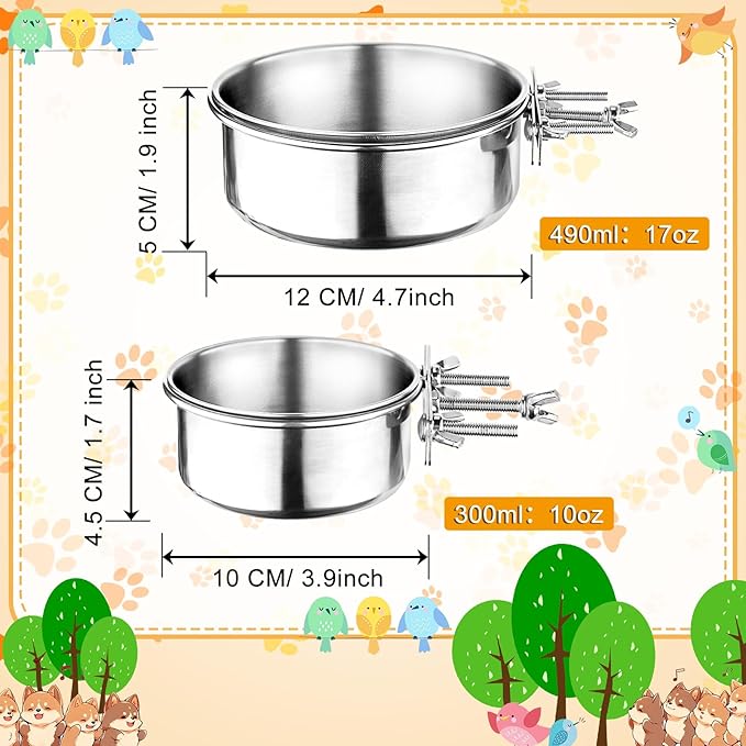 2 Pcs Bird Bowls for Cage Stainless Steel, Small Bird Cage Feeding Dish Cups, 10Oz + 17Oz Detachable Parrot Water Feeder Bowls with Clamp Pet Food Water Hanging Bowls for Small Dog Cat