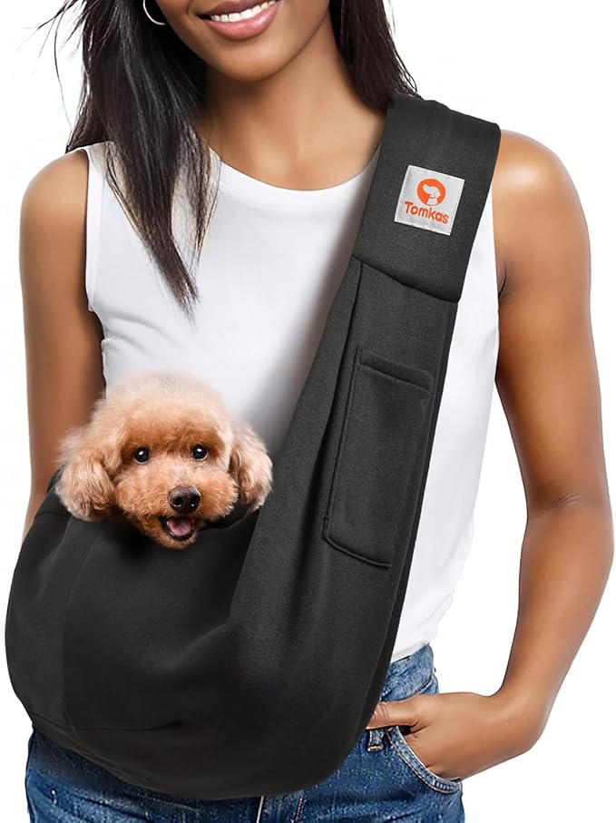 Tomkas Dog Sling Carrier for Small Dogs Puppy (Black, Unajustable Strap & Classic Pocket)