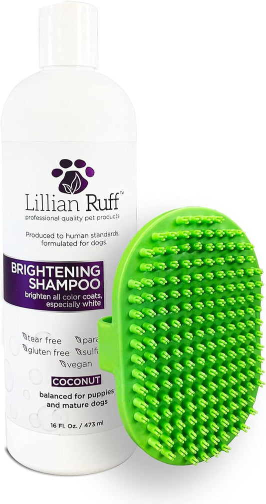 Lillian Ruff Ultra-Brightening Professional Whitening Shampoo for Dogs with Aloe & Coconut Oil for Dry Skin & Itch Relief - pH-Balanced Dog Whitening Shampoo Remove Stains Yellowing Odor (16oz/Brush)