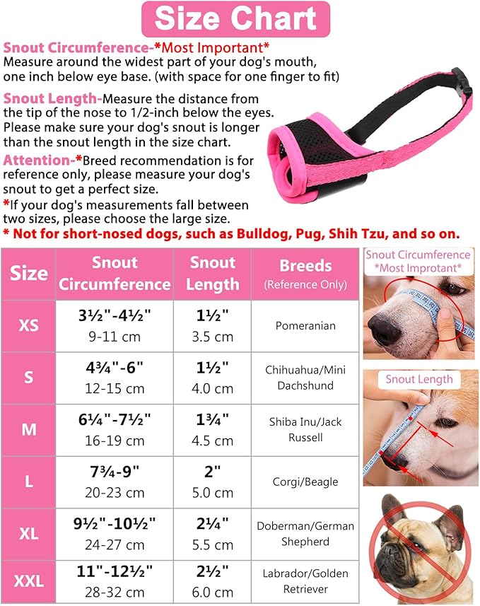 LUCKYPAW Dog Muzzle Anti Biting Barking and Chewing with Comfortable Mesh Soft Fabric and Adjustable Strap, Suitable for Small, Medium and Large Dogs(Hot Pink Trim,XS)