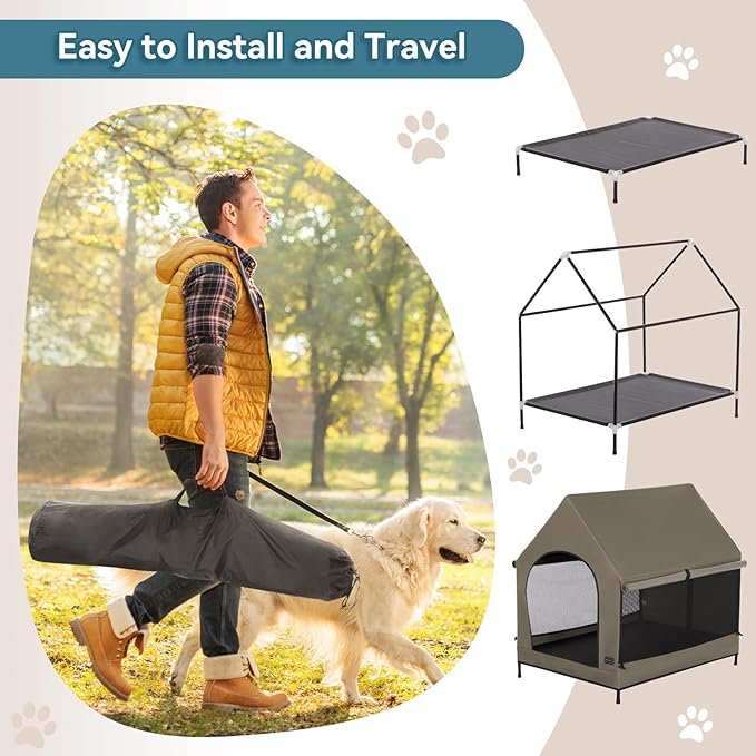 Petsfit 36 Inch Elevated Pet Dog House, Portable Large Dog House with Removable Cover for Indoor and Outdoor, Waterproof Raised Dog Houses for Large Dogs Outside, Featuring Elevated Dog Bed, Brown