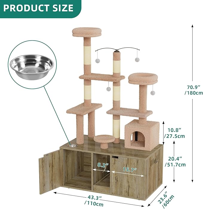 YITAHOME 71 Inch Cat Tree with Double Cat Litter Box Enclosure, Litter Box Furniture Hidden for 2 Cats, All-in-one Litter Box Furniture with Cat Tower Condo Food Station and Large Platform, Oak