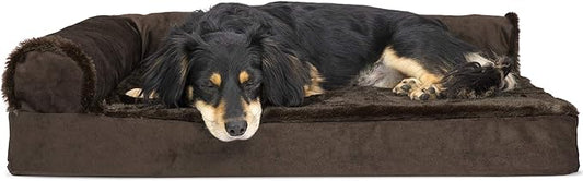 Furhaven Orthopedic Dog Bed for Medium/Small Dogs w/ Removable Bolsters & Washable Cover, For Dogs Up to 35 lbs - Plush & Velvet L Shaped Chaise - Sable Brown, Medium