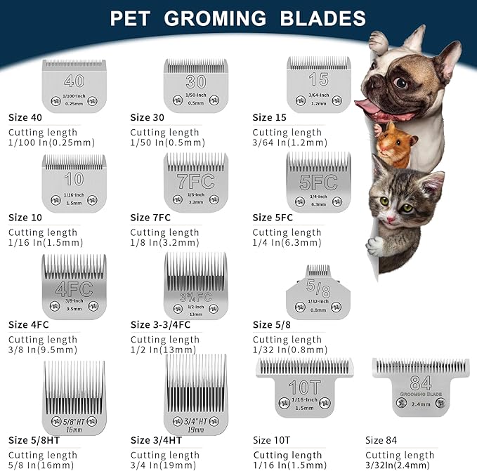 Size 40+10+30+15+7FC+5FC+4FC+3FC+5/8HT+3/4HT+T84+T10+5/8N Toe Blade kit,Pet Dog Grooming Clipper Stainless Steel Blade,Compatible with Andis/Oster A5,Wahl KM10 Series Clippers,13 Pack