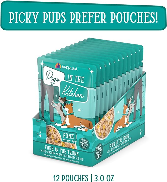 Weruva Dogs in The Kitchen, Funk in The Trunk with Chicken Breast & Pumpkin Au Jus Dog Food, 2.8Oz Pouch (Pack of 12)