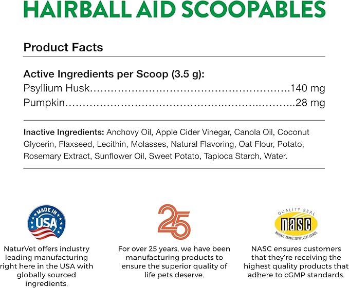 NaturVet Scoopables Hairball Aid for Cats - Helps Prevent & Eliminate Hairballs - Psyllium Husk & Pumpkin - Salmon Flavored Cat Health Supplement - Tastes Like Treats & Prevents Hairballs | 5.5oz Bag