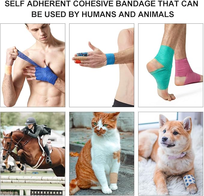 MUEUSS Pet First Aid Tape Self Adherent Cohesive Bandage for Dogs Cats Horses Breathable Non-Woven Elastic Sport Tape for Arm Knee Ankle Sprain (6 Rolls, 2" x 5 Yards)