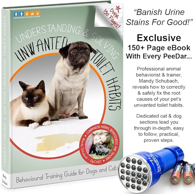 2.0 UV Pet Urine Detector Black Light Flashlight + Cat & Dog Behaviorist Book + 3 AAAs. Ultra Bright Optimal 380-385NM LEDs Find Invisible Stains Instantly! Rid Cat, Dog Pee Issues Forever.