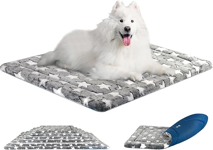 KROSER Fancy Dog Crate Pad Dog Bed Mat Reversible (Cool & Warm), Dog Bed Pad with Machine Washable, Dog Crate mat for Small to XXX-Large Dogs, Grey, Navy, Star Pattern