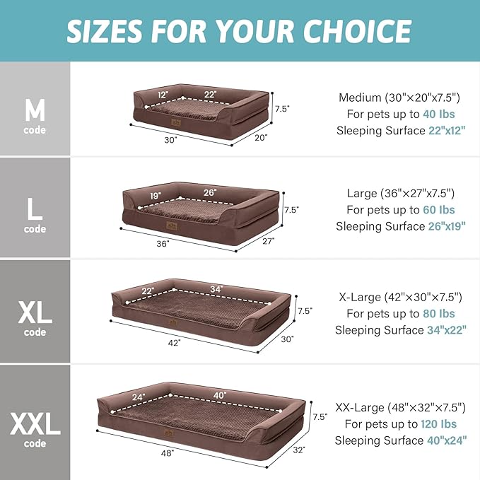 Orthopedic Dog Beds for Extra Large Dogs, Waterproof Memory Foam XXL Dog Bed with Sides, Non-Slip Bottom and Egg-Crate Foam Big Dog Couch Bed with Washable Removable Cover, Brown (U-Shaped)