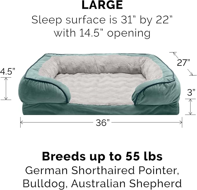 Furhaven Memory Foam Dog Bed for Large/Medium Dogs w/ Removable Bolsters & Washable Cover, For Dogs Up to 55 lbs - Plush & Velvet Waves Perfect Comfort Sofa - Celadon Green, Large
