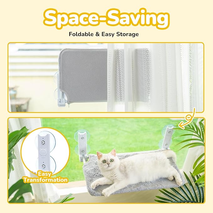 Foldable Cat Window Perch, Cordless Cat Hammock Window with 4 Strong Suction Cups, Cat Beds for Indoor Cats, Solid Metal Frame Holds 44lbs, Reversible Cover, 20.4L'' x 11.8W'', Grey