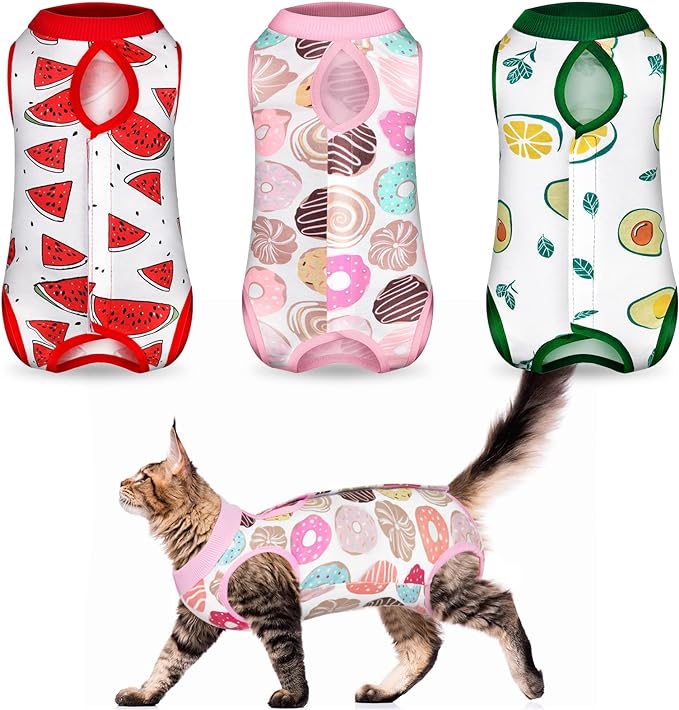 Nuanchu 3 Pieces Cat Recovery Suit Kitten Recovery Suit E-Collar Alternative for Cats and Dogs Abdominal Skin Anti Licking Pajama Suit (Watermelon Pattern, Medium)