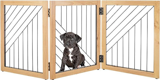 Pet Gate - 3-Panel Indoor Folding Dog Gate for Stairs or Doorways - 54x24-Inch Freestanding Pet Fence for Cats and Dogs by PETMAKER (Natural)