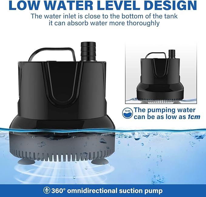Simple Deluxe 1056GPH 85W Bottom Suction Water Table Pump (4000L/H) with 3 Nozzles for Fish Tank, Pond, Aquarium, Hydroponics, Black