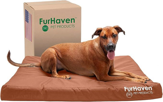 Furhaven Water-Resistant Orthopedic Dog Bed for Large Dogs w/ Removable Washable Cover, For Dogs Up to 95 lbs - Indoor/Outdoor Logo Print Oxford Polycanvas Mattress - Chestnut, Jumbo/XL