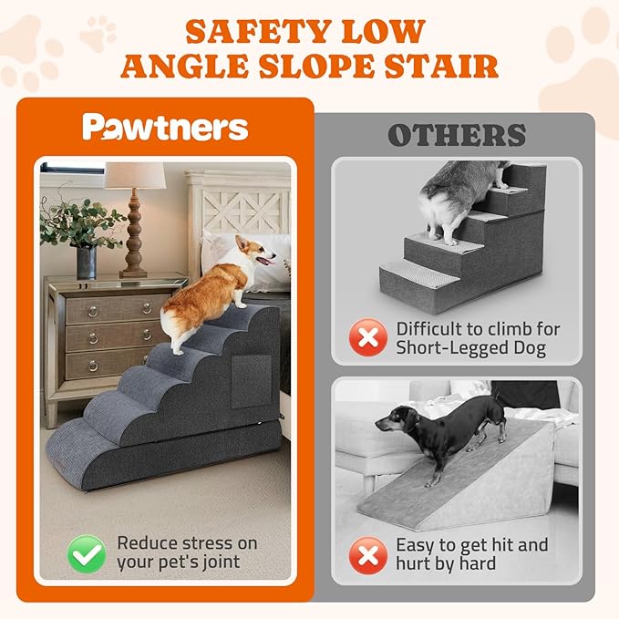 Dog Stairs for High Bed: Foam Pet Stairs for Dogs to Get on Bed Couch, 24" Tall Dog Steps for Small Dogs, Cat Stairs for Old Cats with Side Pockets, Detachable Dog Bed, 6 Tiers, Grey