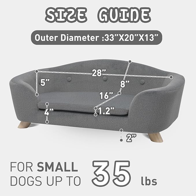 SHAVI Large Cat Sofa, 35" Wide Dog Couch for Large and Medium Cats Dogs, Low Back Pet Sofa with Washable Cushion, Luxury Velvet Lounging Bed with Anti-Slip Bottom(Grey)