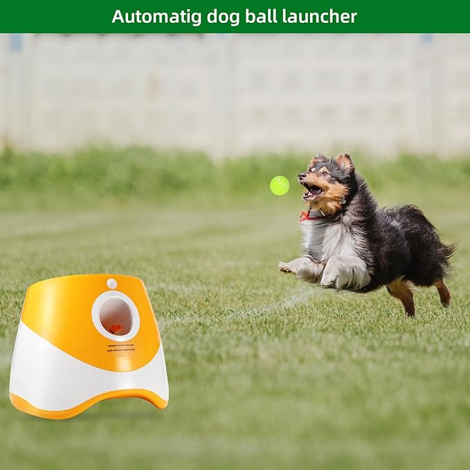 Ball Launcher for Dogs, Automatic Dog Ball Launcher with 12 Tennis Ball, Interactive Dog Toys Pet Ball Indoor Outdoor Thrower Machine (Yellow Automatic Tennis Ball)