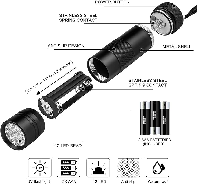 Beinhome 5 Pack UV Flashlight Black Light 12 LED Ultra Violet Blacklight Detector for Dog Cat Urine, Pet Stains, Bed Bug, Scorpion with 5 AAA Free Batteries