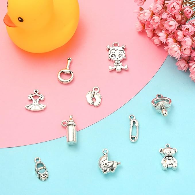 Stiesy 100 Pcs Baby Girl Themed Tibetan Alloy Charms Bell Shoes Baby Feet Feeding Bottle Baby Carriage Charms for Jewelry Making DIY Crafts