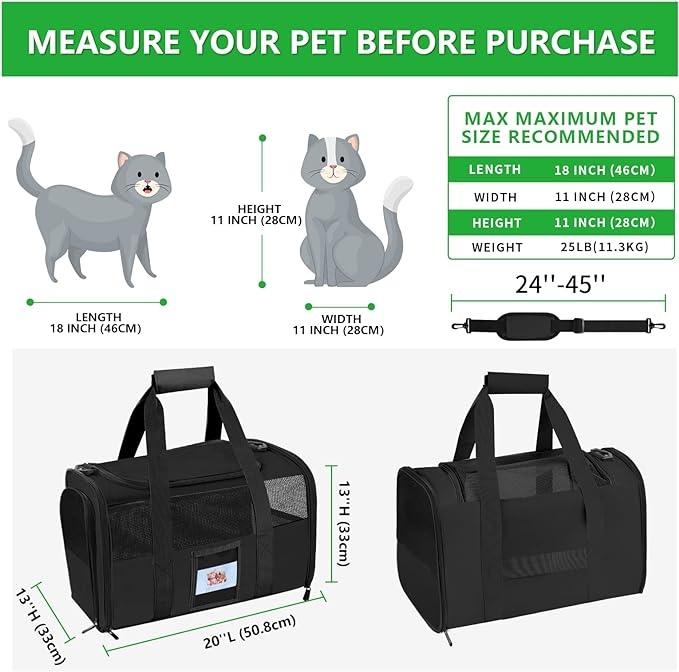 Extra Large Pet Carrier 20 lbs+, Soft Sided Cat Carriers for Large Cats Under 25 lbs, Folding Big Dog Carrier 20"x13"x13", Cat Carrier for 2 Cats Travel Carrier -Large- Black