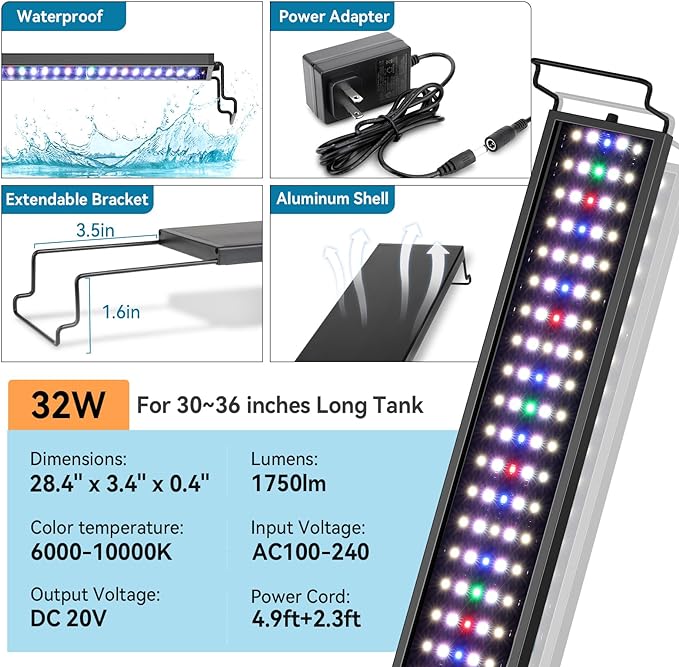 hygger Aquarium LED Light Fish Tank Full Spectrum Lighting with 24/7 Day-Night Cycle Mode & Auto On/Off Timer, 7 Colors Options, Dimmable, Extendable Bracket for 30~36in Tank Plant Lights