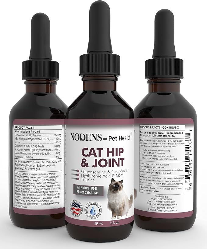 NODENS CAT Hip and Joint Glucosamine for Cats with Chondroitin and Opti-MSM® Hyaluronic Acid for Improved Joint Flexibility and Pain Relief from Inflammation and Cat Arthritis 2 floz