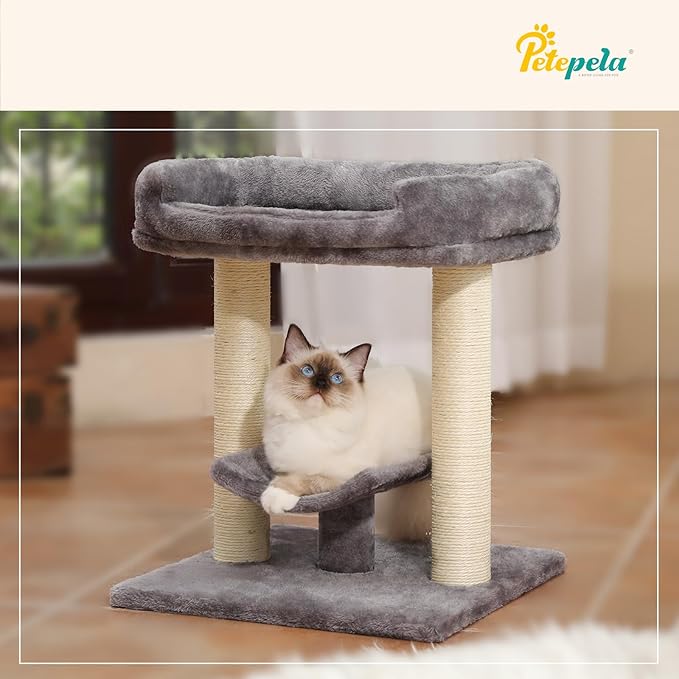 PETEPELA 19" Cat Scratching Post, Cat Tree Tower, 100% Natural Sisal Cat Scratcher with Large Plush Top Perch Bed, Cozy Cat Platform for Kittens and Cats