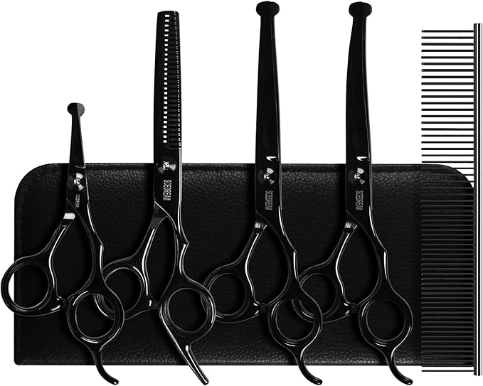 Dog Grooming Scissors Kit with Safety Round Tips, Professional 6 in 1 Grooming Scissors for Dog, Cats, Pets, 4CR Stainless Steel, Sharp and Durable