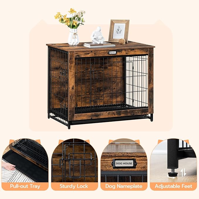 HOOBRO Dog Crate Furniture, Large Dog Kennel, Wooden Pet Furniture with Pull-Out Tray, Home and Indoor Use, Double Doors Modern Side End Table for Medium/Large/Small Dog, Rustic Brown BF802GW03G1