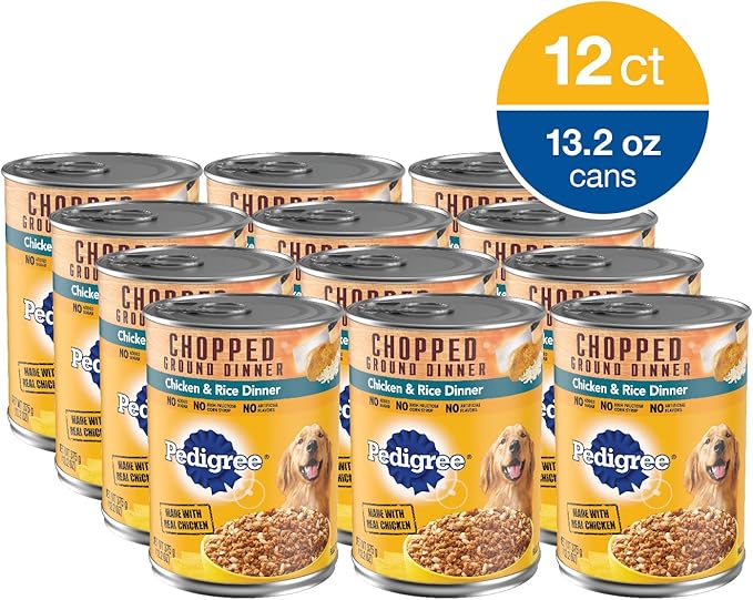 PEDIGREE CHOPPED GROUND DINNER Adult Canned Soft Wet Dog Food, Chicken & Rice Dinner, 13.2 oz. Cans (Pack of 12)