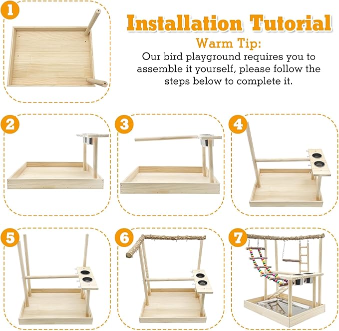 Hamiledyi Bird Playground Parrots Wood Perch Stand Cockatiel Playground Bird Play Gym Colours Climb Ladders Swing Chewing Toys with Parakeet Feeding Cups Exercise Activity Center for Lovebirds Conure