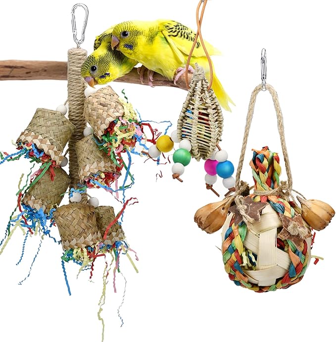 3pcs Parrot Chewing Rattan Corn Husk Toys Handmade Bamboo Palm Leaf Toys Budgie Foraging Toys Small Bird Hanging Swing Shredder Toys for Birds Parakeet Cockatiel Love Birds