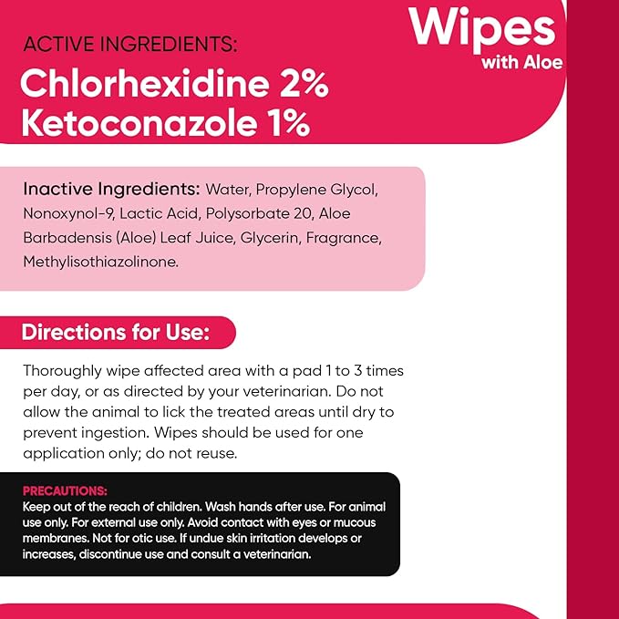 Truseb Topical Ketoconazole and Chlorhexidine Wipes for Dogs, Cats and Horses - with Aloe for Cleansing - 50 count (Ketoconazole & Chlorhexidine Wipes, 50 count)