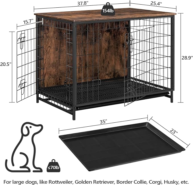 Dog Crate Furniture, Wooden Dog Kennel with Removable Tray, Heavy-Duty Dog Cage End Side Table, Indoor Dog House for Small/Medium/Large Dogs, 37.8" L, Rustic Brown DCHR0301Z