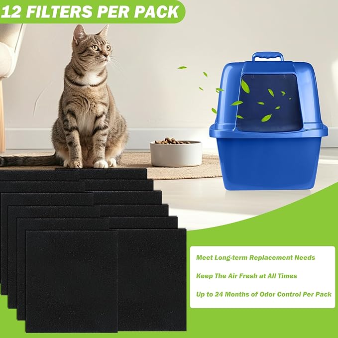 12 Pack Cat Litter Box Charcoal Filters Compatible with Hooded Cat Litter Box, 6 x 6.5Inch Replacement Activated Carbon Premium Odor Filters for Hooded Cat Litter Boxes and Pans, Black