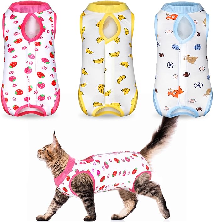 3 Pieces Cat Recovery Suit Kitten Recovery Suit E-Collar Alternative for Cats and Dogs Abdominal Skin Anti Licking Pajama Suit (Strawberry Pattern, Small)