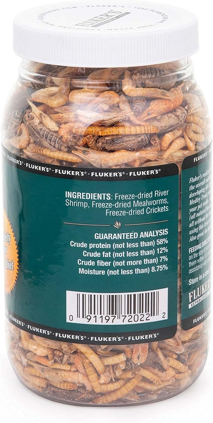 Fluker's Aquatic Turtle Food, Vitamin, Enriched Medley Treats of Freeze, Dried River Shrimp, Mealworms, and Crickets, 2.9 oz