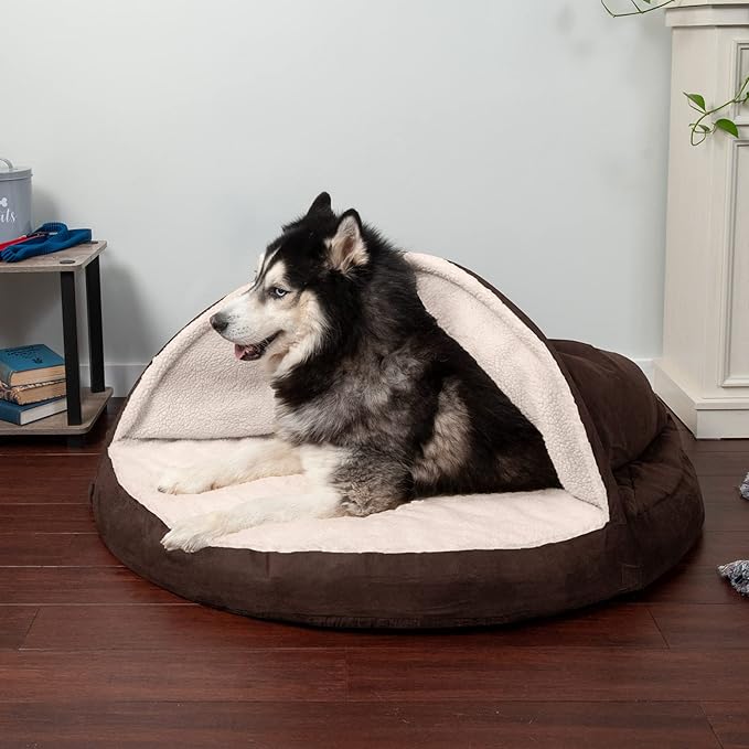 Furhaven 44" Round Memory Foam Dog Bed for Large Dogs w/ Removable Washable Cover, For Dogs Up to 80 lbs - Sherpa & Suede Snuggery - Espresso, 44-inch